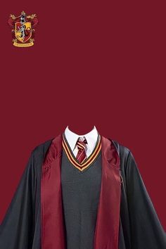 a red and black graduation gown on display in front of a maroon background with harry potter crest