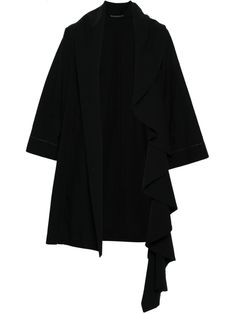 black cotton blend textured finish semi-sheer construction spread collar long sleeves draped detailing asymmetric hem open front Textured Jacket, Versace Outfit, Yoko London, City Dress, Summer Beach Wear, Yohji Yamamoto, Workout Jacket, Asymmetric Hem, Front Open