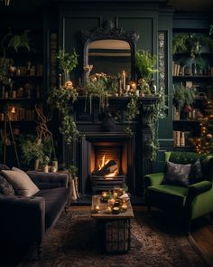 a living room filled with furniture and a fire place next to a fireplace covered in greenery