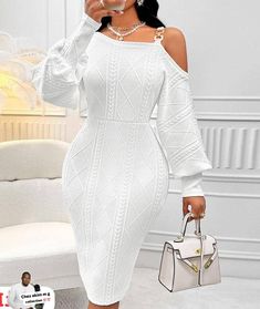 Lace Embroidery Dress, Conference Ideas, White Knit Dress, Grey Knit Dress, Sukienki Plus Size, Lantern Sleeve Dress, Bodycon Dress With Sleeves, Knitted Bodycon Dress, Textured Dress