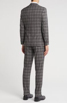 Sophisticated peaked lapels smarten the jacket of this trim-fit suit paired with flat-front trousers and finished in a handsome plaid print. 36" inseam; 10 1/2" rise (size 40R) Jacket has peaked lapels; chest welt pocket; front flap pockets Lined 81% polyester, 17% rayon, 2% spandex Dry clean Imported Concert Looks, Trim Fit, Peak Lapel, Fitted Suit, Fall Kids, Sweaters And Leggings, Plaid Print, Kids Boots