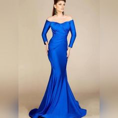 Mnm Couture Evening Dress Long Sleeves Off-Shoulder Royal Blue Size S New With Tags Material: Lycra Style: Mermaid,Fitted,Trumpet Details: Plain,Train Length: Long Dresses Back Style: Zipper Necklines: Boat Sleeve Type: Long,Off The Shoulder Occasion: Evening Dresses See Photos With Details And Measurements #T1 (45677 Clear Bin Blue Off-shoulder Gown For Prom, Blue Off-shoulder Gown With Fitted Bodice, Blue Off-shoulder Prom Gown, Blue Off-shoulder Evening Dress With Fitted Bodice, Blue Long Sleeve Evening Dress For Gala, Blue Long Sleeve Gown With Fitted Bodice, Blue Off-shoulder Prom Evening Dress, Blue Off-shoulder Formal Gown, Fitted Royal Blue Off-shoulder Dress