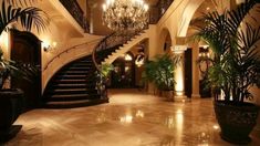 an elegant foyer with chandelier and potted plants