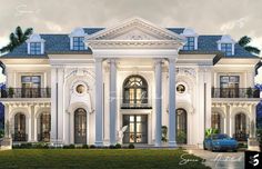 this is an artist's rendering of a luxury home in the florida style with columns and arches