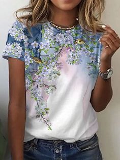 Women's Floral Theme Painting T shirt Floral Bird Print Round Neck Basic Tops Green White Pink / 3D Print 8632311 2022 – $14.03 T Shirt Flowers, Womens Fashion Casual Summer, Shirts Women Fashion, Vacation Wear, Floral Print Shirt, Womens Tops Summer, Bird Print, Summer Style Casual, Tonga