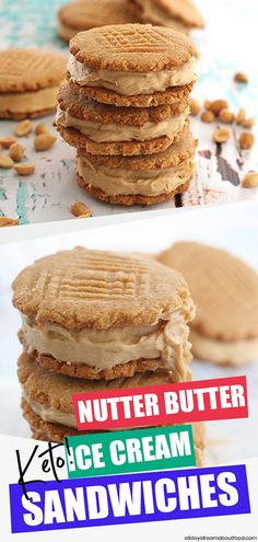 peanut butter ice cream sandwiches are stacked on top of each other with the words, nutter butter ice cream sandwiches