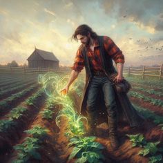 a painting of a man in the middle of a field holding a watering can with his hand