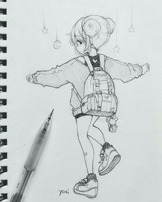 a pencil drawing of a girl in overalls