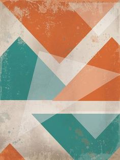 an orange and blue abstract painting with white lines on the bottom, green triangles in the middle