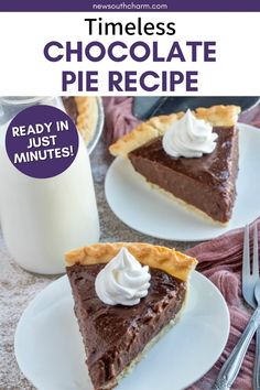 two slices of chocolate pie on white plates next to a glass of milk and fork