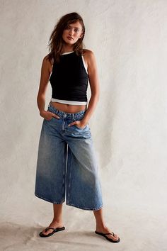 We The Free High Top Wide Crop Jeans | Free People Bermuda Jeans Outfit, High Rise Jeans Outfit, Long Denim Shorts, Denim Skirt Outfits, All Jeans, Wide Jeans, Free People Denim, Crop Jeans, Work Casual