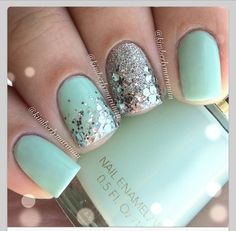 Mint color nails with glitter Nails Matte, Her Nails, Breakfast At Tiffany's, Nails Glitter, Best Nail Art Designs, Nail Designs Glitter, Gel Nail Designs, Fancy Nails