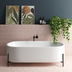 a white bath tub sitting next to a green plant