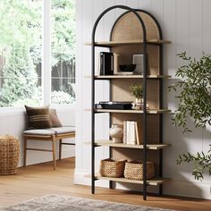 a living room with a book shelf filled with books