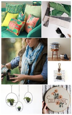 a collage of photos with various items and flowers on them, including pillows, wall hangings