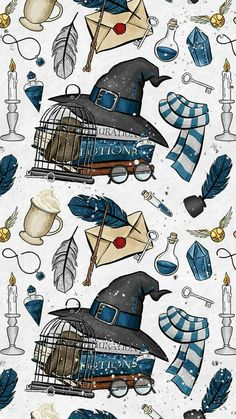 an image of a pattern with hats and things on it that are all over the place