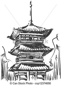 a black and white drawing of a pagoda