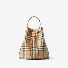 Small TB Bucket Bag in Archive beige/briar brown - Women | Burberry® Official Chic Coated Canvas Bucket Bag With Handles, Coated Canvas Bucket Bag For Errands, Coated Canvas Double Handle Bucket Bag, Bucket Bag With Detachable Strap And Double Handle, Double Handle Bucket Bag With Detachable Strap, Coated Canvas Pouch Bucket Bag, Women's Bag By Pattern, Burberry Monogram, Thomas Burberry