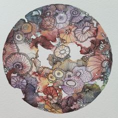 Purple red yellow watercolors with pen and ink drawing. The image is a circle. The drawing has abstract forms inspired by corals Psychology Art Creative, Ink Doodles, Contemporary Watercolor, Zentangle Artwork, Flower Art Drawing, Tinta China, Abstract Watercolor Art, Intuitive Art, Diy Watercolor Painting