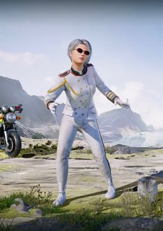 an animated woman standing on top of a grass covered field next to a motorbike