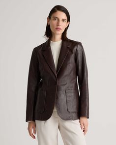 100% Leather Blazer Classic Leather Jacket With Flap Pockets, Brown Leather Jacket With Double Button For Work, Tailored Brown Leather Jacket For Work, Brown Leather Jacket For Work, Elegant Brown Outerwear With Flap Pockets, Fall Leather Blazer With Double Button Closure, Elegant Brown Leather Jacket With Pockets, Elegant Leather Jacket With Pockets For Fall, Fall Leather Blazer With Pockets