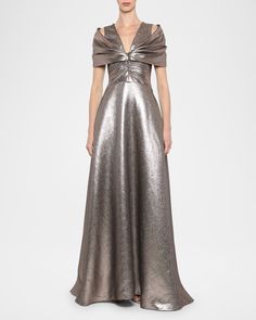 Armor Fashion, Metallic Gown, Silver Dresses, The Atelier, Drape Sleeves, Versace Outfit, Mob Dresses, Prabal Gurung, Holiday Party Dresses