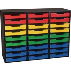 a multicolored plastic storage unit with six bins on the bottom and two sides