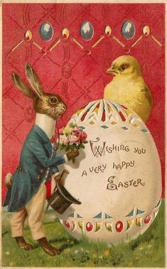 an old fashioned easter card with two rabbits