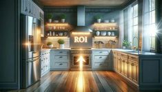 a kitchen with wooden floors and white cabinets is lit up by the light coming through the window