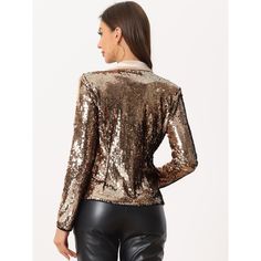 This chic and unique stylish jacket embellished with sparkly sequins is suitable for parties, cocktails, evening wear, dance performances, clubs, and so on. Pair this open-front jacket with dresses, tank tops, and shirts with your jeans and leggings. With sequin and metallic fabric, this blazer makes you shiny in the crowd. It is suitable for Christmas Day, parties, clubs, discos, nights out, daily wear, weekends, and shopping. Womens Tailored Suit, Fluffy Jacket, Sequin Blazer, Open Front Jacket, Metallic Fabric, Stylish Jackets, Women's Jackets, Contrast Collar, Striped Blazer