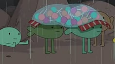 two cartoon characters standing under an umbrella in the rain