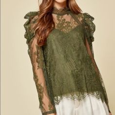 Beautiful Lace Top In Olive Green That Would Make A Drake Great Transition Piece From Day To Night. Romantic, Professional, Sexy And Comfortable All In One Blouse. Spring Lace Patchwork Tops For Night Out, Stretch Lace Tops For Date Night, Spring Feminine Lace Top For Date Night, Spring Lace Top With Lace Trim For Date Night, Feminine Lace Top For Date Night In Spring, Fall Lace Tops For Brunch, Chic Lace Top For Fall Brunch, Lace Tops For Fall Brunch, Fall Lace Tops For Date Night