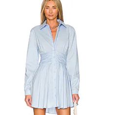 New Never Worn Bardot Dress Chic Pleated Light Blue Dress, Chic Light Blue Pleated Dress, Chic Light Blue Long Sleeve Mini Dress, Chic Light Blue Long Sleeve Shirt Dress, Fitted Shirt Dress For Spring Cocktail, Elegant Light Blue Mini Dress For Casual Occasions, Elegant Light Blue Mini Dress For Day Out, Light Blue Long Sleeve Ruched Mini Dress, Light Blue Fitted Long Sleeve Shirt Dress