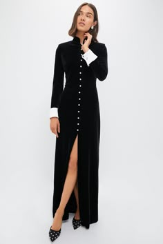 Black Velvet Loretta Dress | Tuckernuck Buy List, Fall Denim, Crystal Buttons, Sport Dress, Velvet Material, Closet Fashion, Mandarin Collar, Fall Trends, Hat Hairstyles