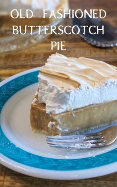 an old fashioned butterscotch pie on a blue and white plate with a fork