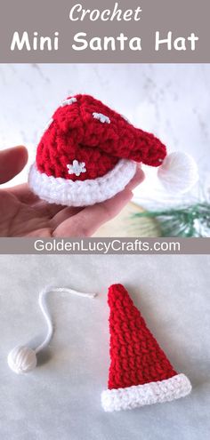 Crocheted small Santa hat and parts of the hat. Crochet Xmas Hats, Mini Santa Hat, Tiny Snowflake, Crochet Christmas Hats, Crochet Christmas Ornaments Free