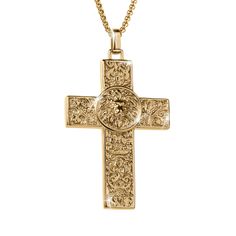 Faith and fashion come together in this striking cross pendant. The contemporary cross is crafted from premium stainless steel, in a luxurious gold finish; and features an impressive textured finish with a courageous lion head in the center. A glorious display of faith. Luxury Gold Crucifix Cross Necklace, Luxury Cross Necklace, Contemporary Cross, Lion Pendant, Lion Head, Come Together, Custom Engraving, Cross Pendant, Gold Finish