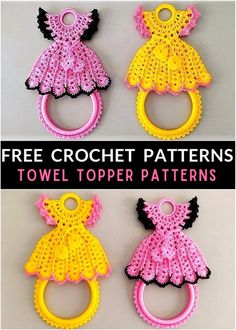 three crochet patterns with the words, free crochet patterns towel topper patterns