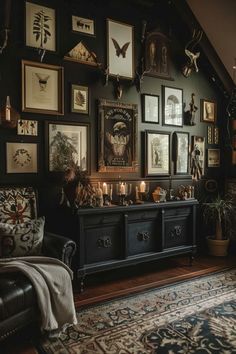 a living room filled with furniture and pictures on the wall