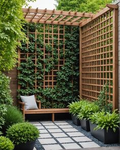 a wooden bench sitting in the middle of a garden next to a wall covered with plants