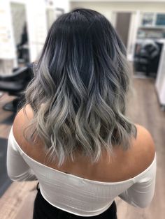 Black And White Hair Medium Length, Black And Blonde Balayage Short Hair, Black And Gray Balayage, Balyage Short Black Hair, Balayage Hair Ash Grey, Grey Blending Black Hair, Silver Balayage On Dark Hair, Ashy Balayage On Black Hair