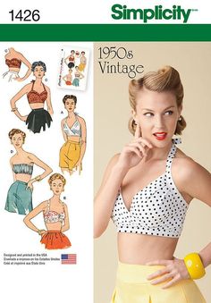 Simplicity Pattern 1426 - Misses' Bra Tops.Misses' vintage bra tops are a flirty way to pull off a retro look. Make a faux wrap halter, ruched with cross back, balconette halter or strapless with button back or a bandeau. Wear alone or under tops when the bra is meant to be seen!SUGGESTED FABRICS:   - Bra Top in Batiks, Calico, Chambray, Gingham, Linen Types, Madras, Pique, Sateen, Seersucker.  - Bra Top Lining in Cotton Types.Extra fabrics needed to match plaids, stripes or one-way design fabri Vintage Halter Top Pattern, Halter Top Pattern, Bra Sewing Pattern, Diy Sy, Vintage Bra, Patron Vintage, Bra Sewing, Vintage Fashion 1950s, Design Moda