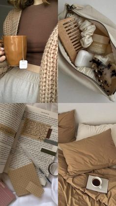 the collage shows different types of pillows, blankets and other things in their purses