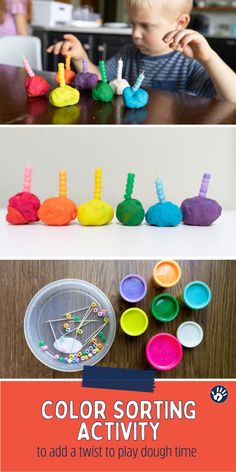 kids playing with colored sorting toys on the table and in front of them is an orange sign that says color sorting activity to add a twist to play dough time