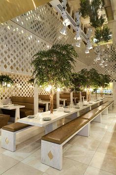 an indoor dining area with tables and benches, potted trees on either side of the table