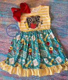 Adorable back to school outfit! Pre-K or Kindergarten printed on the top of this cute school themed dress. Bow and other accessories shown not included. Need a different grade? I have similar styles available in my shop that can be customized for other grades. Playful Cotton Dresses For School, Playful Fitted Dress For School, Yellow School Dress For Spring, Cute School Dress For Spring, Multicolor Summer Dress For School, Cute Spring Dress For School, Cute Yellow School Dress, Multicolor Cotton School Dress, Yellow Spring Dresses For School