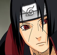 an anime character with black hair and red eyes looking at the camera while staring straight ahead