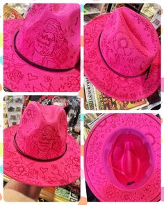 the pink cowboy hat is on display in four different pictures, including one with flowers