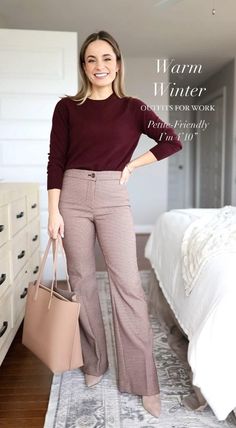 Warm winter outfits for work with boots and sweaters via pumps and push-ups blog. How to dress warmly for work. #business #casual #outfits #for #women Classy Winter Business Outfits, Flare Pants Business Outfit, Winter Formals For Women, Office Fall Outfits Women, Burgandy Pants Outfits Winter, Womens Winter Business Casual, Dressy Business Casual Outfits For Women, Wear To Work Outfits Winter, Casual Outfits For Winter Women