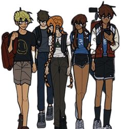 three young people standing next to each other with backpacks on their backs and one holding a cell phone in his hand